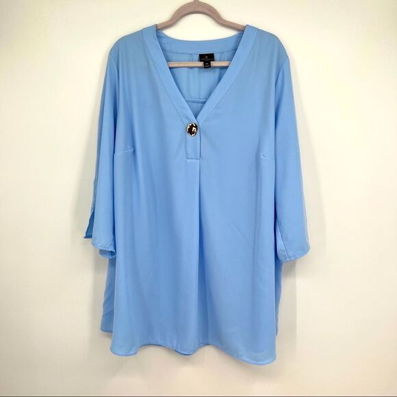 Worthington Tops - W Worthington Woman Blue V-neckline Hammered Button Quarter Sleeve Blouse